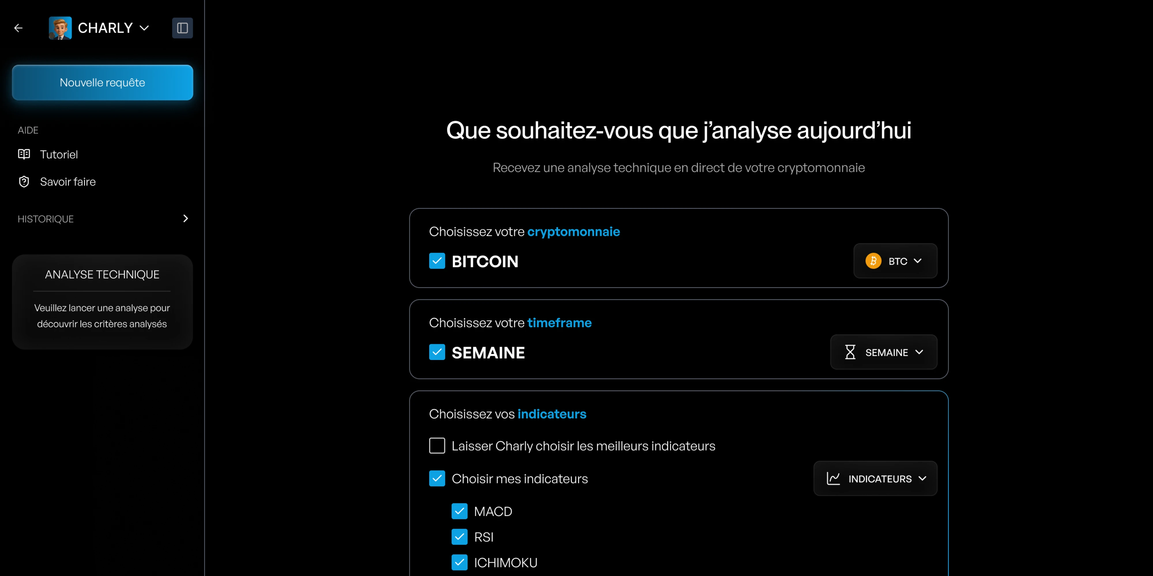 Visual representation for tip: Charly génère automatiquement une analyse technique complète pour n'importe quelle cryptomonnaie.