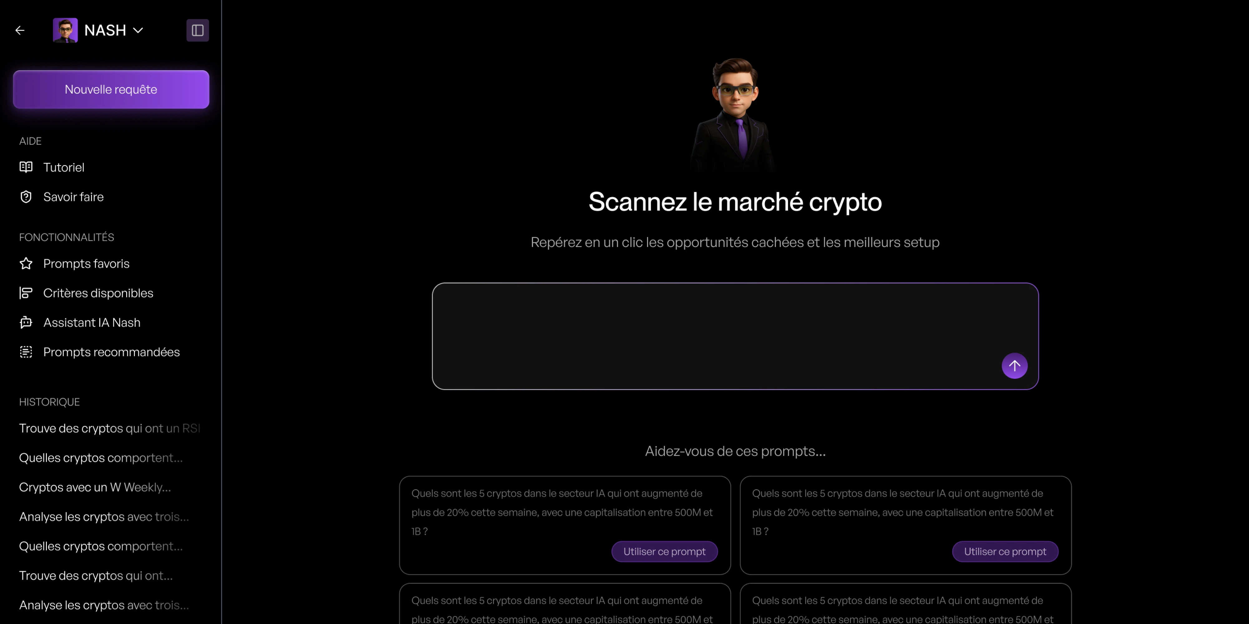 Visual representation for tip: Nash scanne le marché crypto en temps réel pour détecter les meilleures opportunités selon vos critères.
