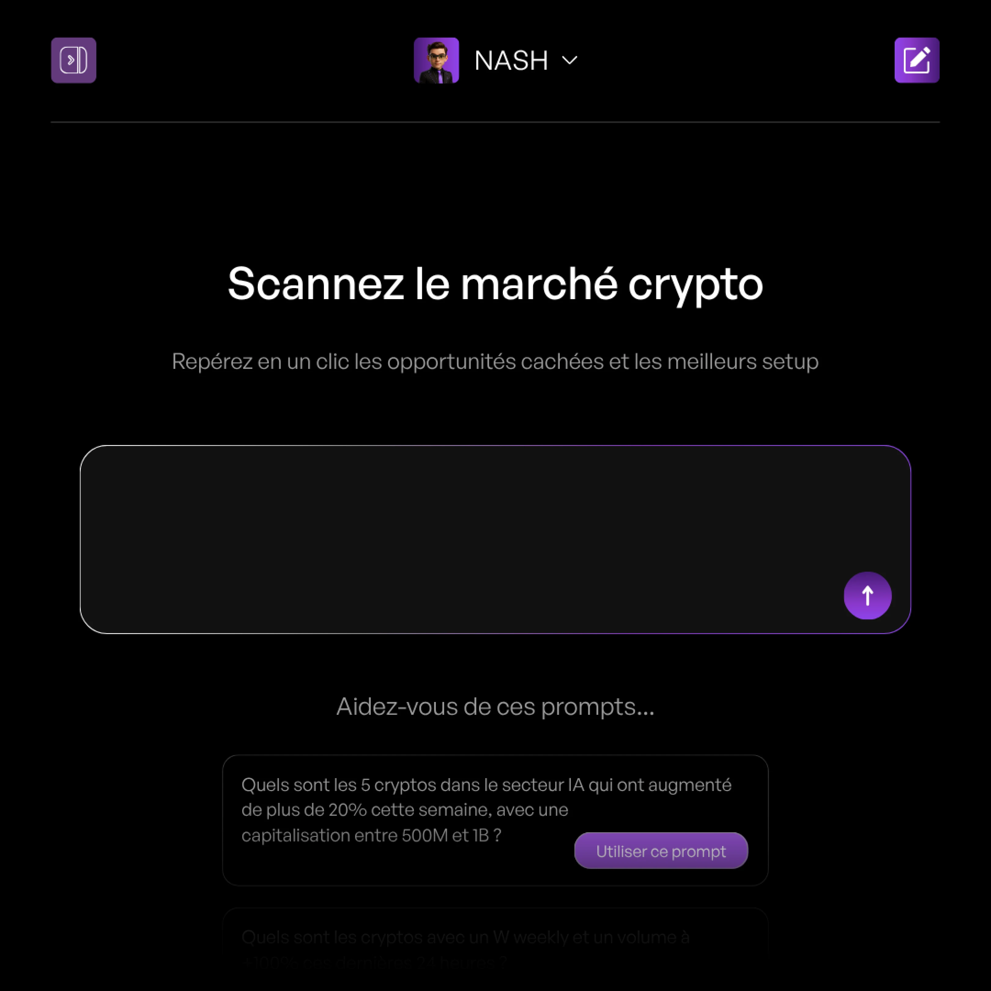 Visual representation for tip: Nash scanne le marché crypto en temps réel pour détecter les meilleures opportunités selon vos critères.