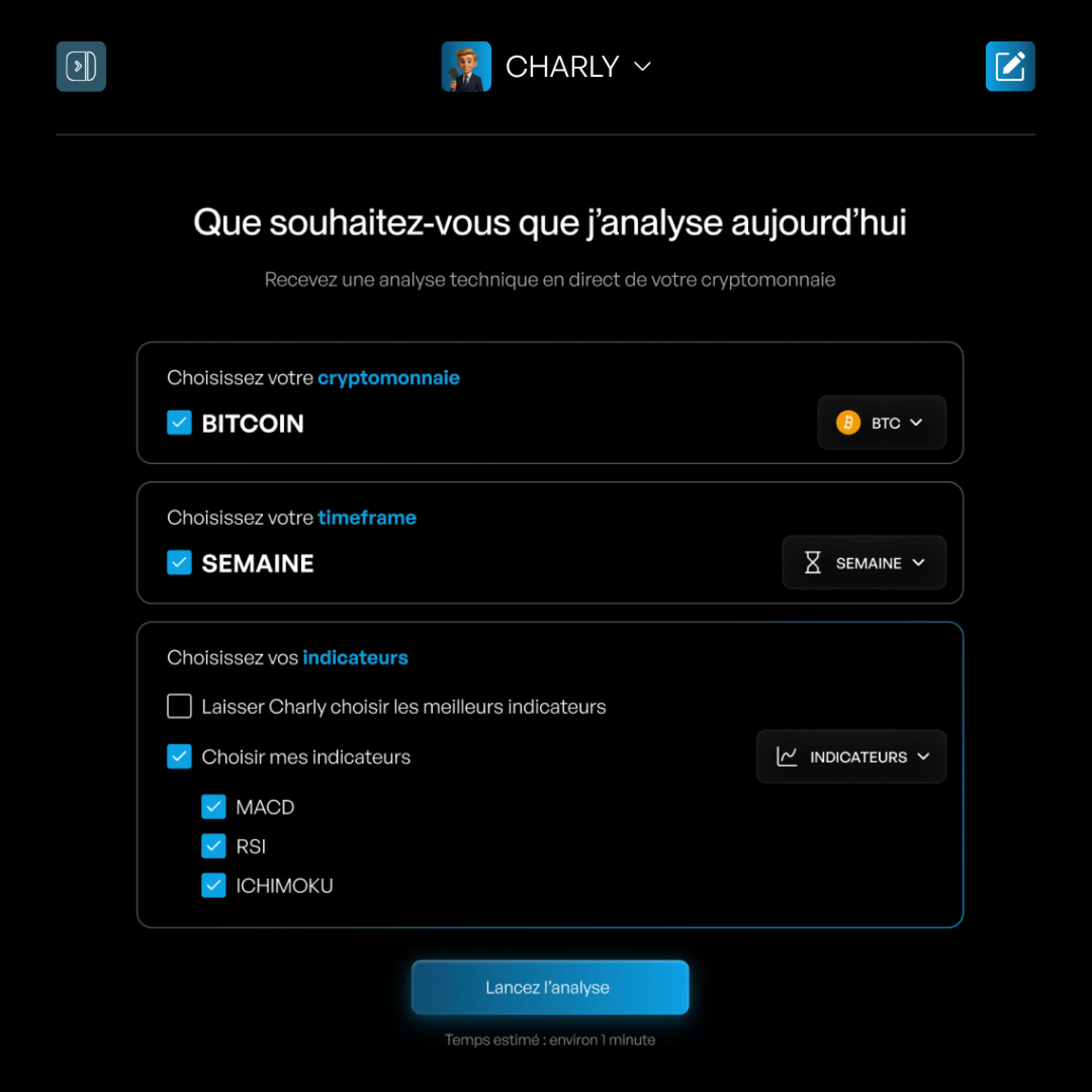 Visual representation for tip: Charly génère automatiquement une analyse technique complète pour n'importe quelle cryptomonnaie.