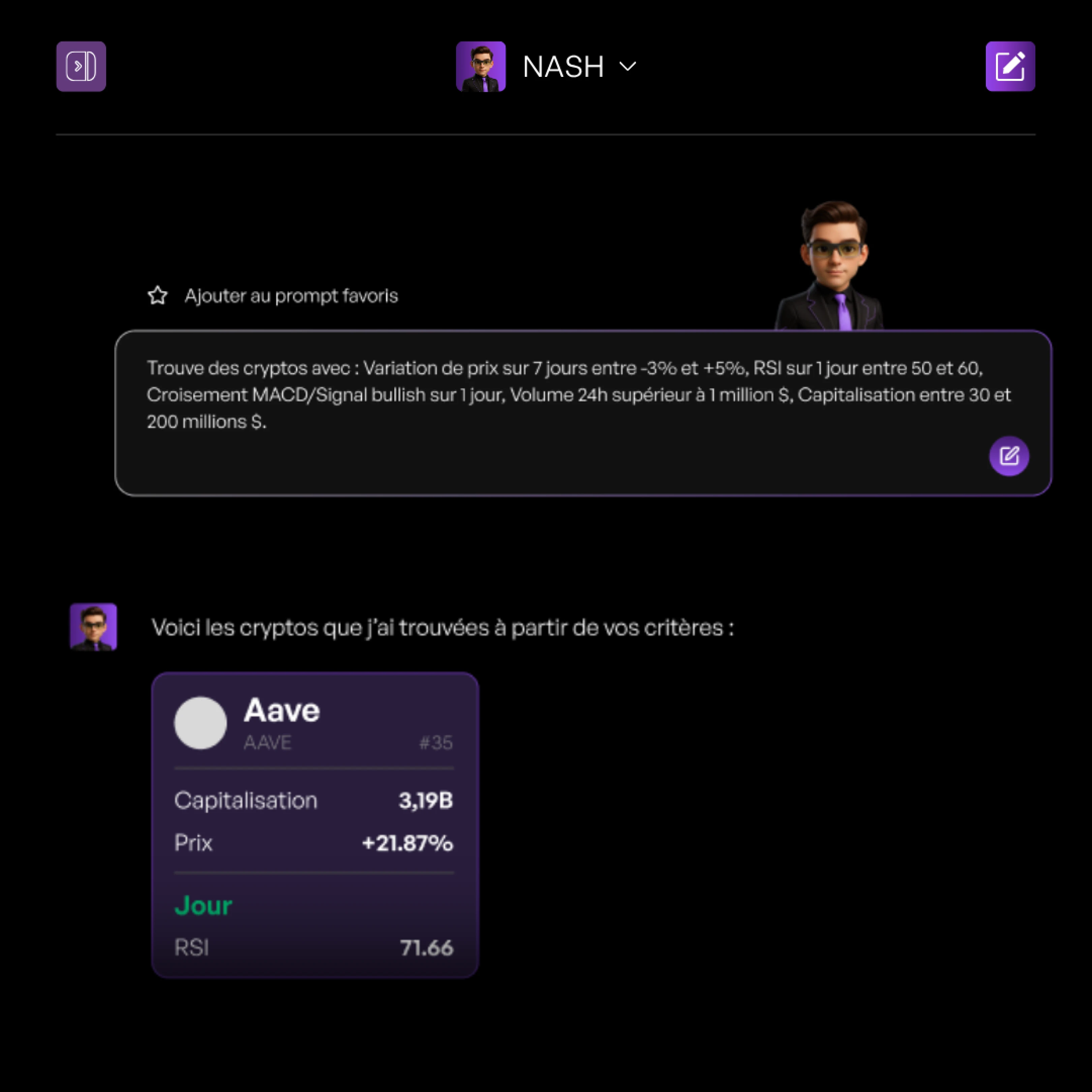 Visual representation for tip: Gagnez du temps précieux en laissant Nash filtrer les milliers d'actifs disponibles.